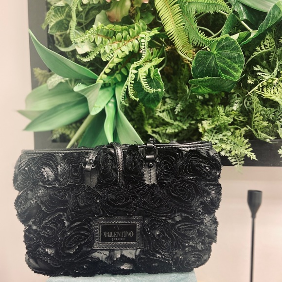 Valentino Satin Rosette Black Floral Handbag - Picture 2 of 3